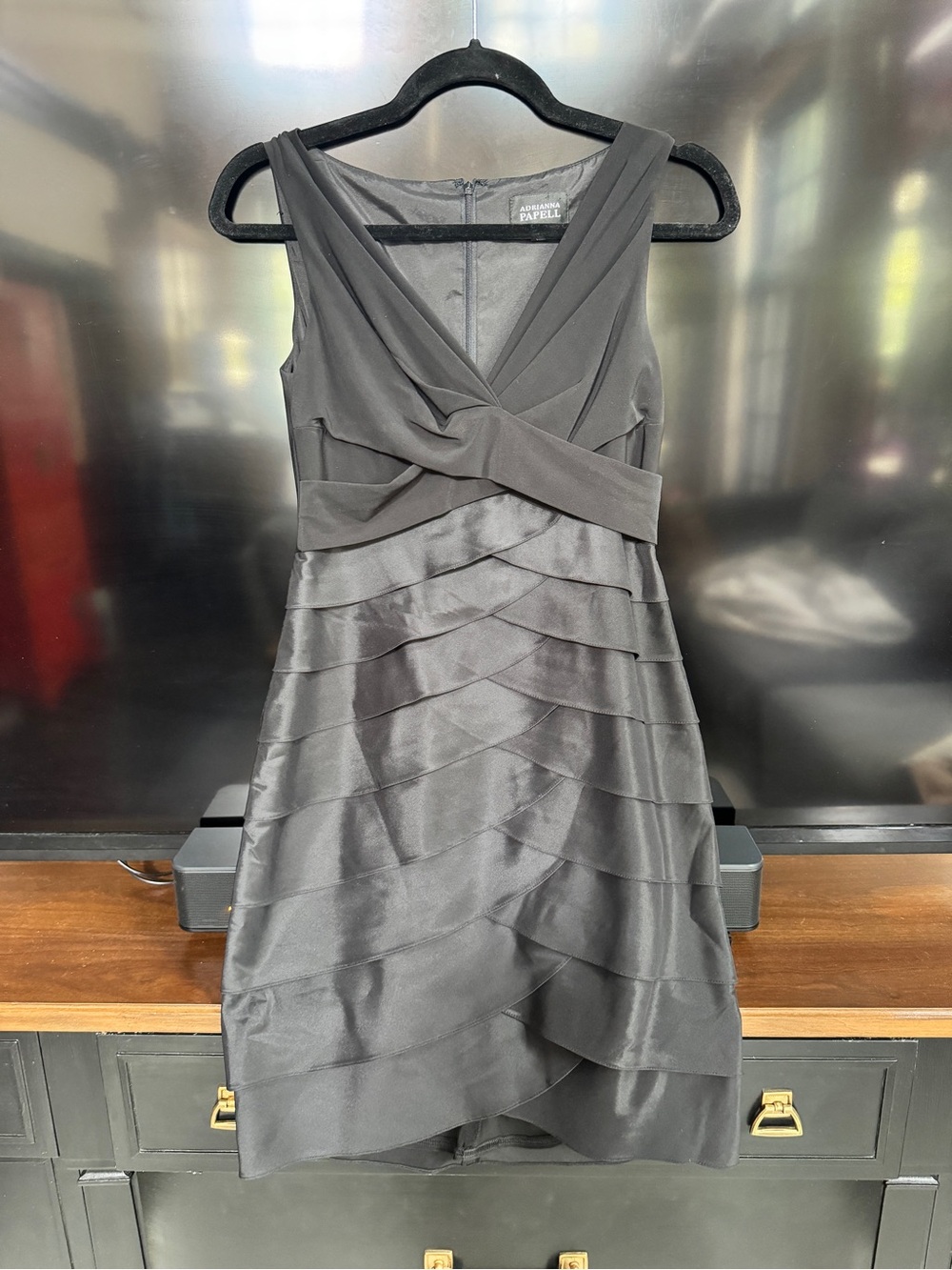 Adrianna Papell Charcoal Tiered V-Neck Cocktail Dress